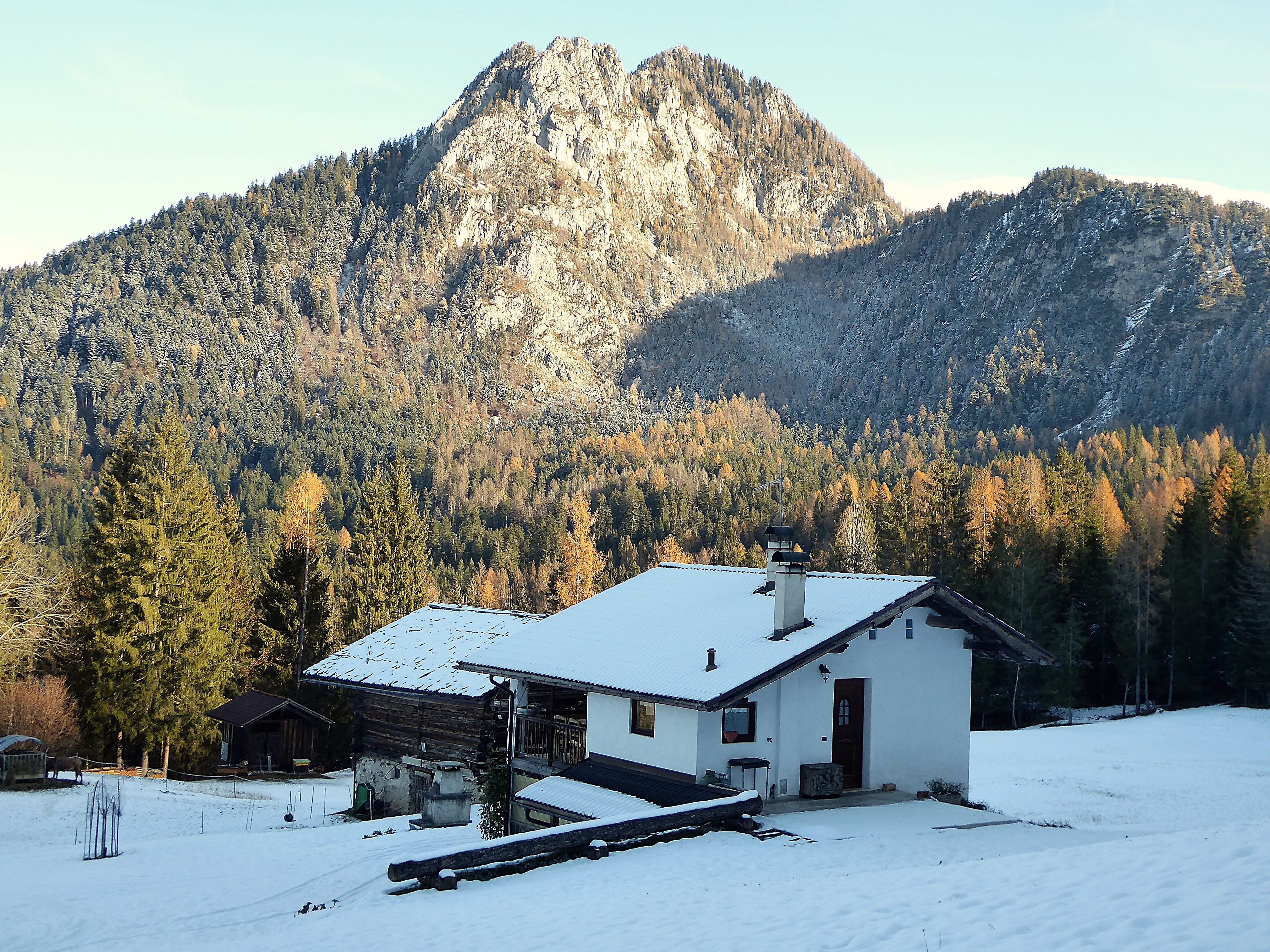 Una casa con tejado cubierto de nieve, una chimenea y una terraza de madera en un paisaje nevado con un bosque y montañas al fondo.