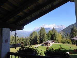 A mountain view from a covered outdoor area with a wooden ceiling, a hanging plant, and a small house in the background. - Baita Mountain View Pale San Martino (Primiero San Martino di Castrozza)