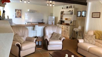 Smart TV, fireplace, table tennis, books