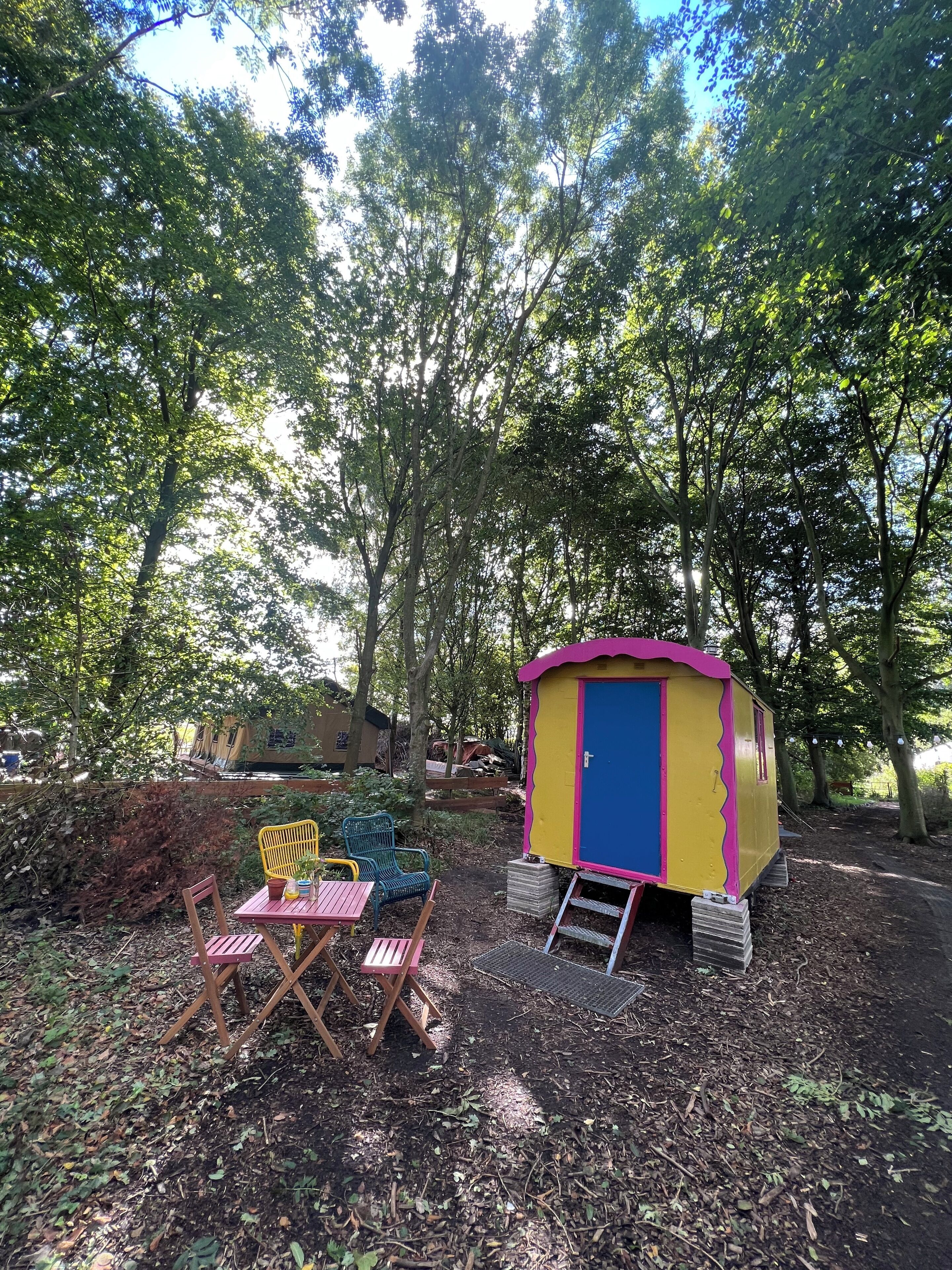 Een klein, kleurrijk buiten zitgedeelte met een tafel en stoelen, omringd door bomen.