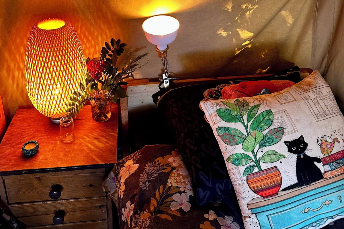 A tent interior with a wooden table, a lamp, a cushion with a cat design, and a window with a view of greenery.
