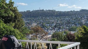 A balcony with a view of a densely packed residential area, trees, and a clear sky.