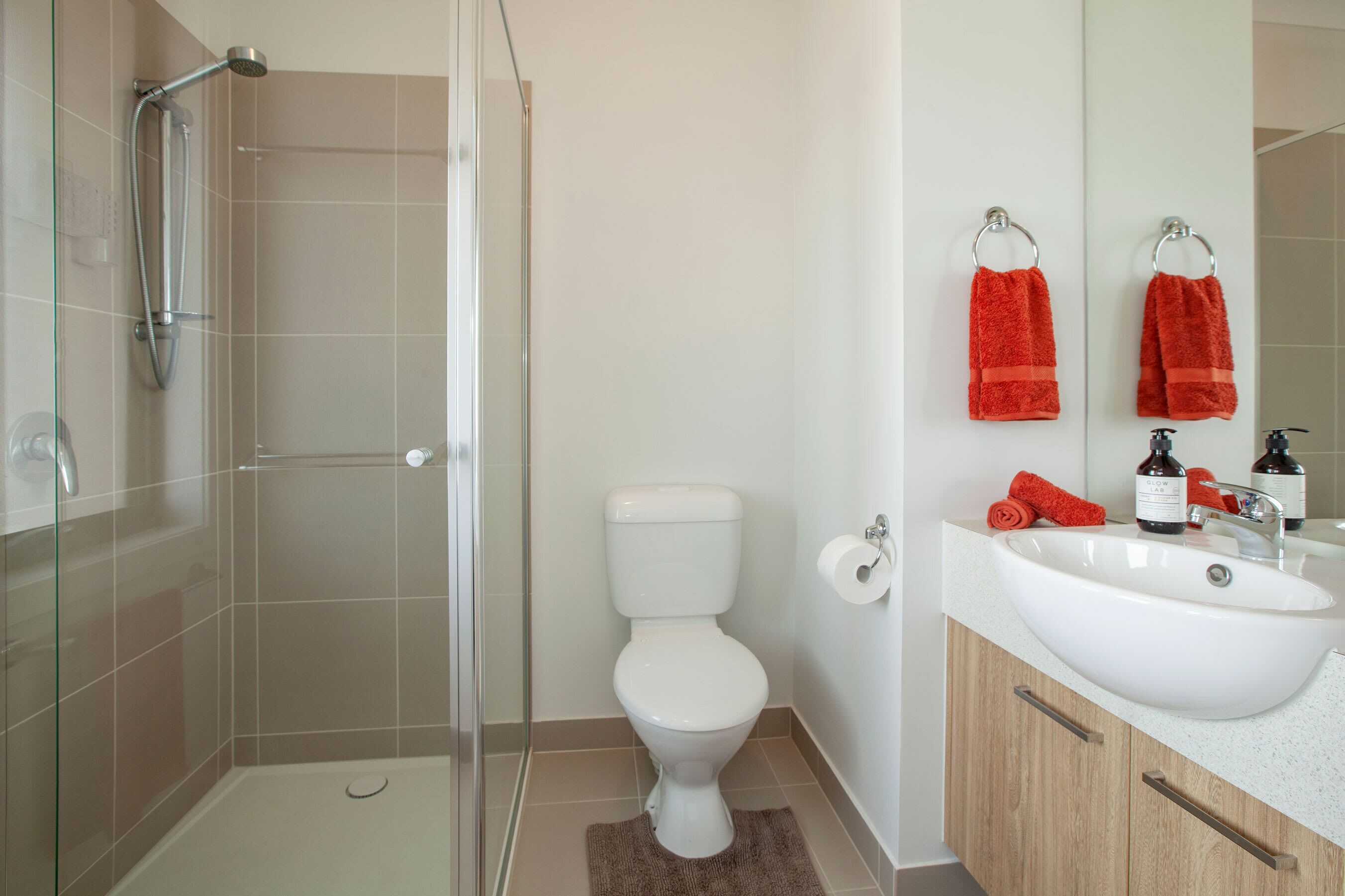 Shower, hair dryer, towels, shampoo
