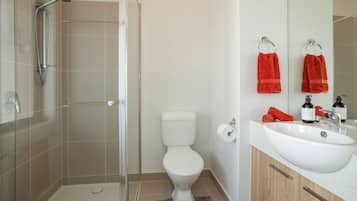 Shower, hair dryer, towels, shampoo