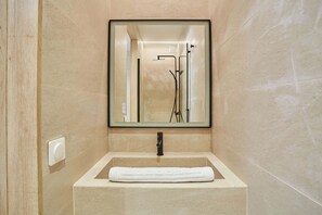 Shower, hair dryer, towels