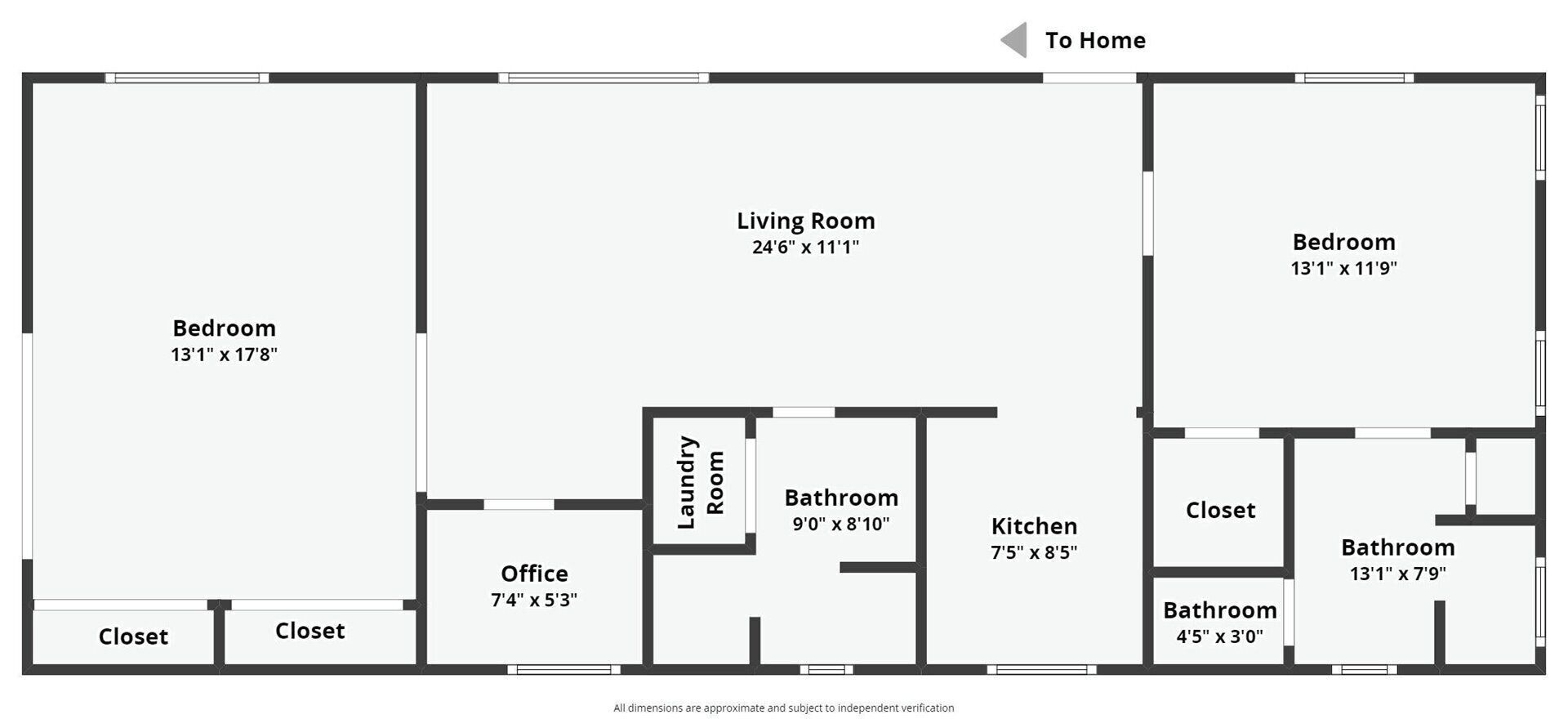 A floor plan with a bedroom, living room, office, laundry room, kitchen, and two bathrooms.