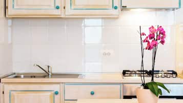 Fridge, oven, cookware/dishes/utensils, dining tables