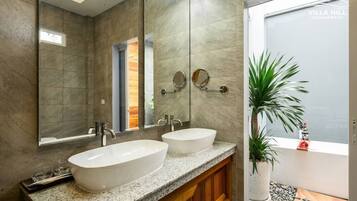 Un baño con dos lavamanos, un espejo grande y una planta en maceta.
