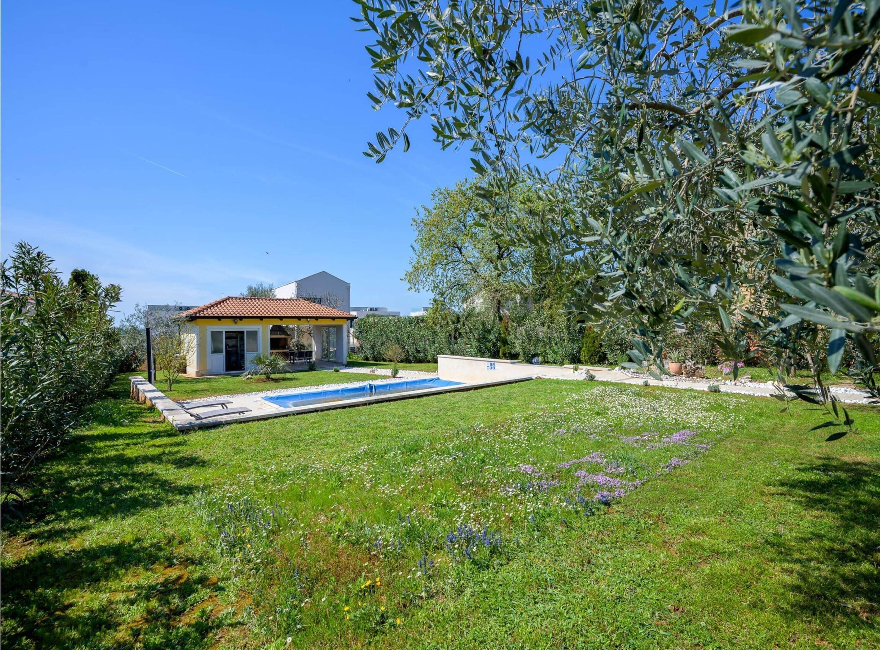 A house with a swimming pool, surrounded by a garden with various plants and flowers.