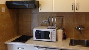 A compact kitchen with a microwave, a built-in oven, a sink, and a small countertop. - Beautiful Apartment With View (Porec)