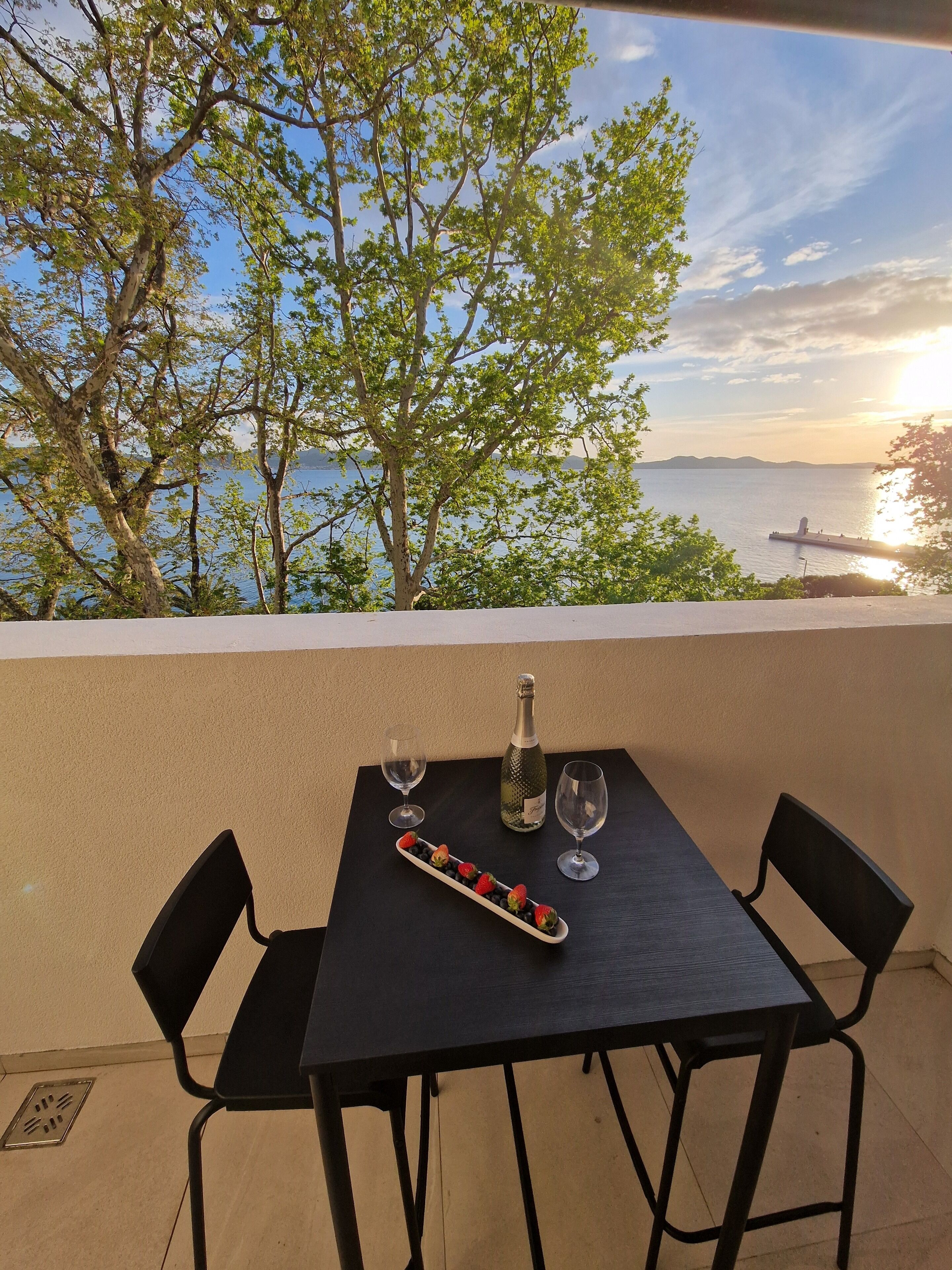 A table with a bottle and glasses, a fruit tray, and a view of the sea and trees.