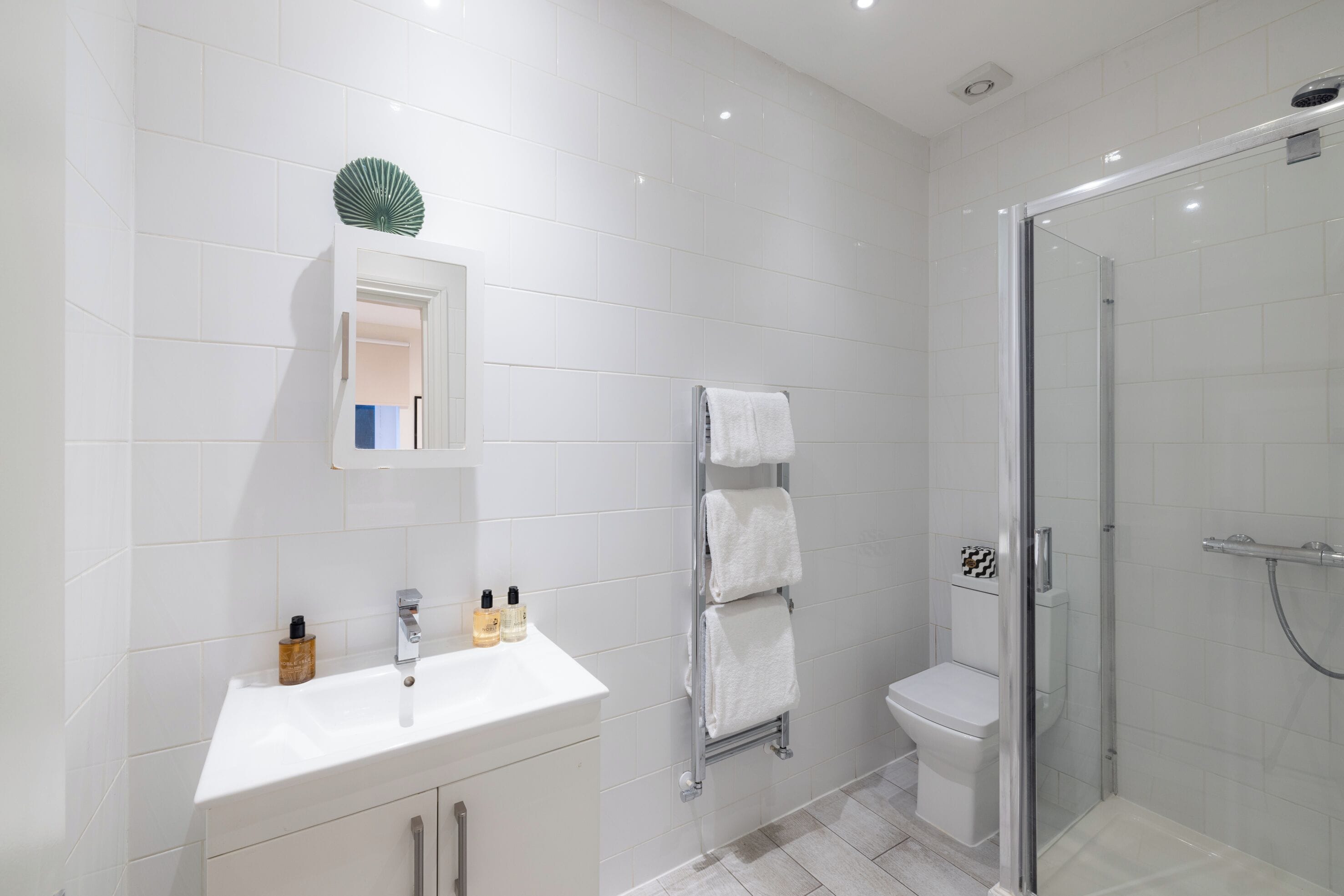 Une salle de bain moderne avec un meuble-lavabo blanc, une cabine de douche en verre et des toilettes.