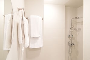 Regadera, secadora de cabello, bidet, toallas