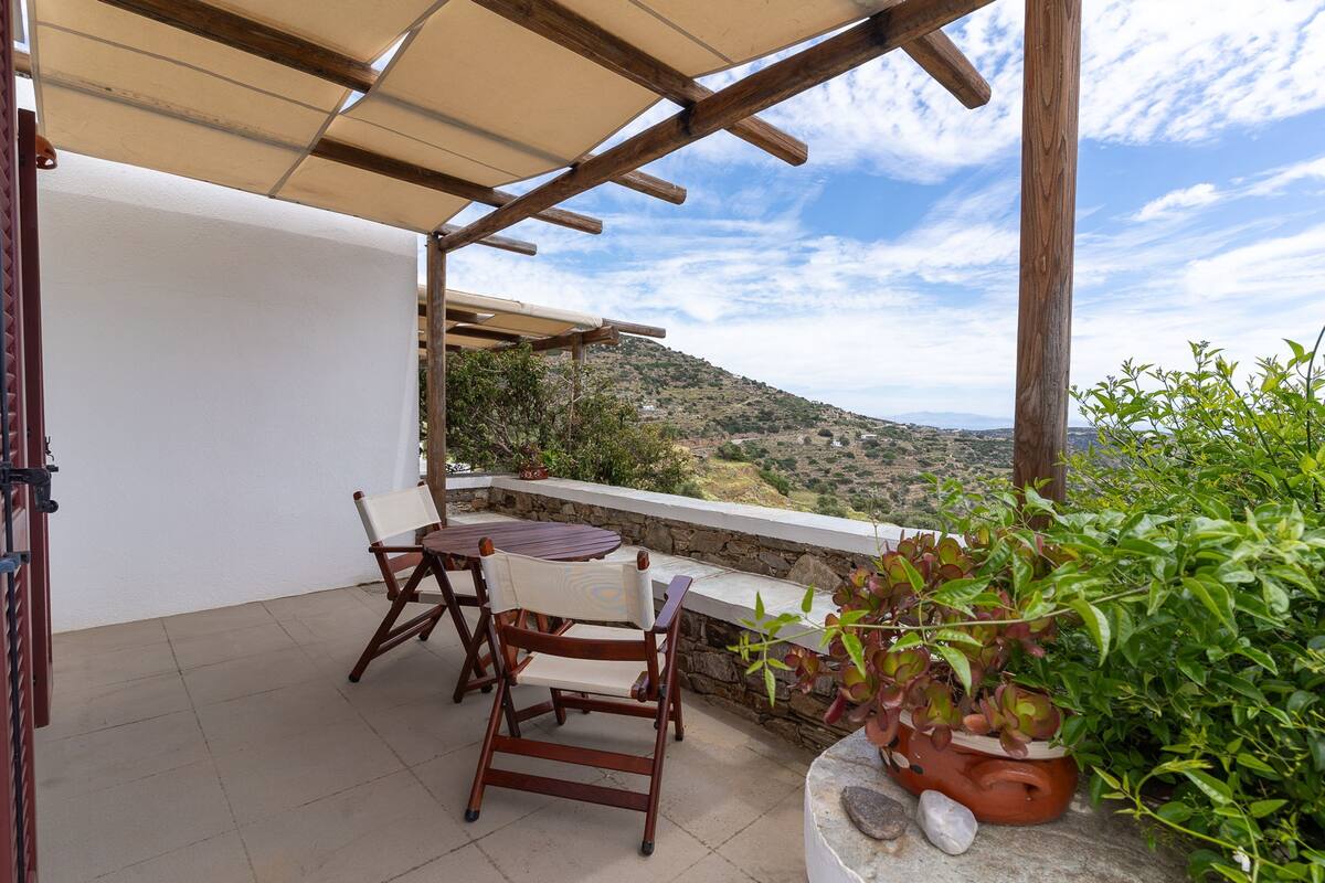 A patio with a table and chairs, a potted plant, and a view of a hilly landscape.