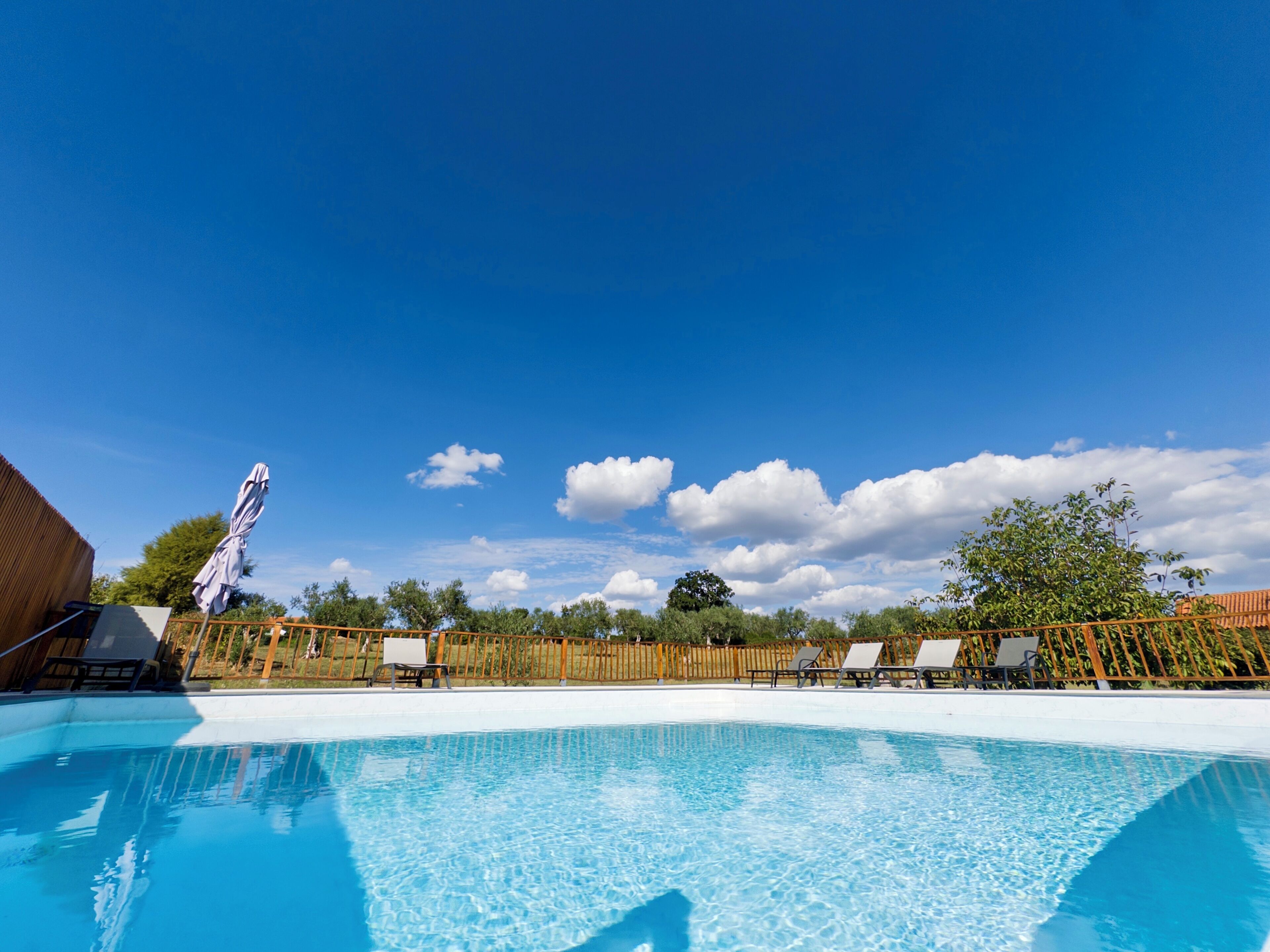 Outdoor pool, pool umbrellas, sun loungers