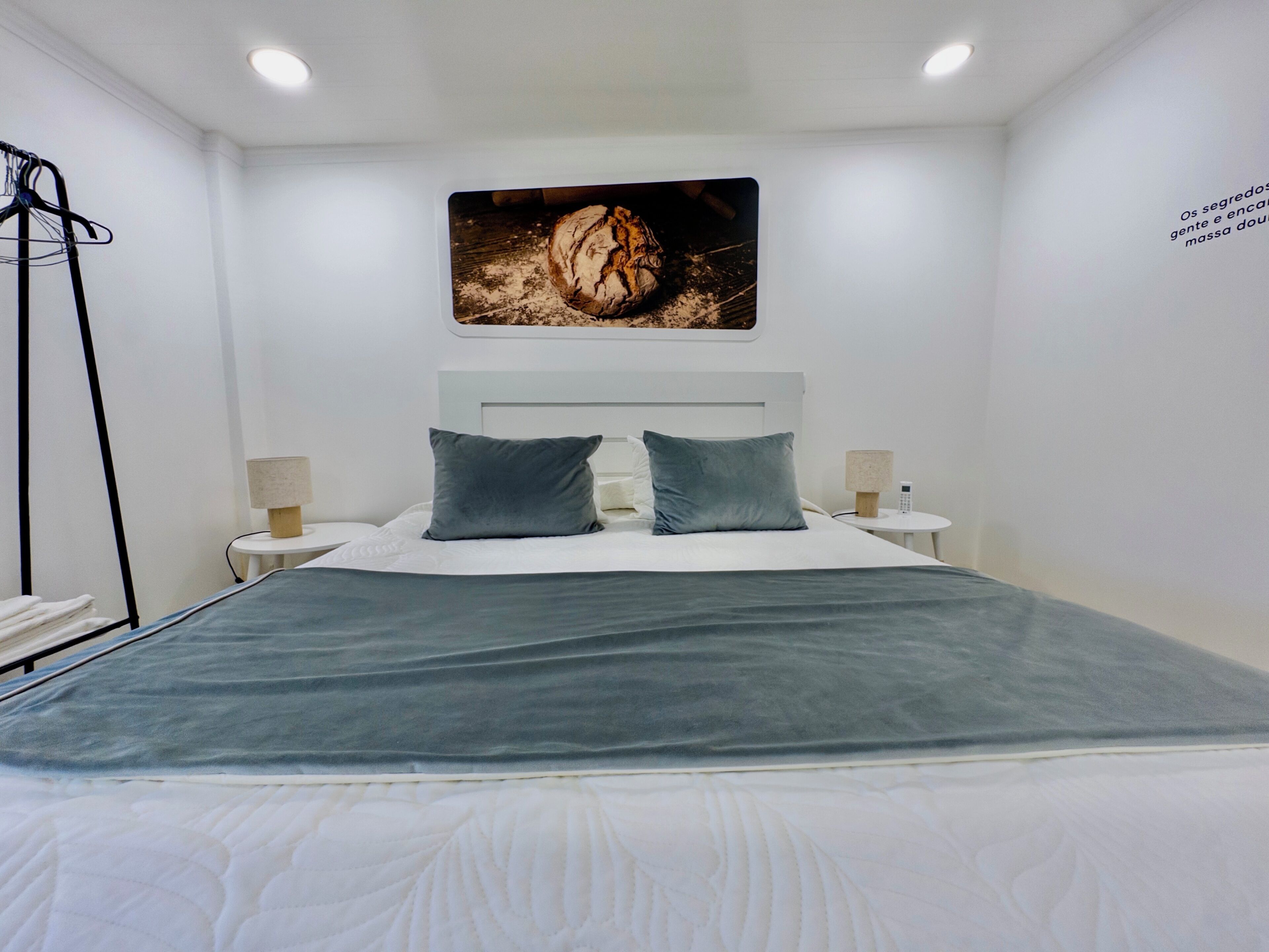 A modern bedroom with a large bed, two pillows, a headboard, bedside tables with lamps, and a wall-mounted artwork.