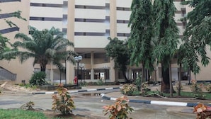 A multi-story building with a flat facade, surrounded by palm trees and a central water feature.