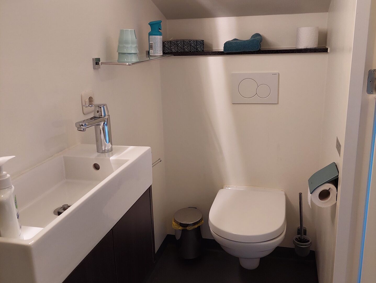 Een kleine badkamer met een witte wasbak, een toilet en een kleine prullenbak.