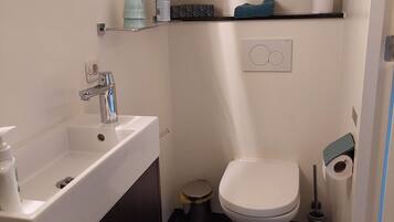 Een kleine badkamer met een witte wasbak, een toilet en een kleine prullenbak.