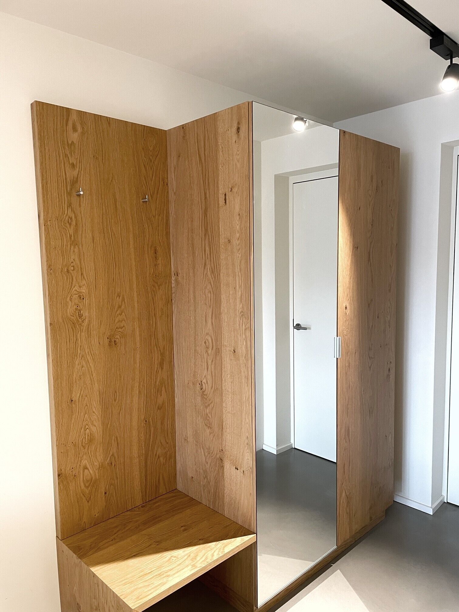 Una habitación moderna con un armario de madera y una puerta de armario con espejo.
