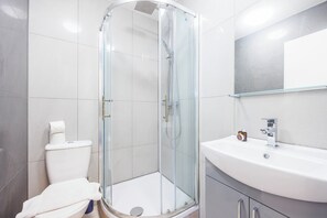 Hair dryer, towels, soap, toilet paper