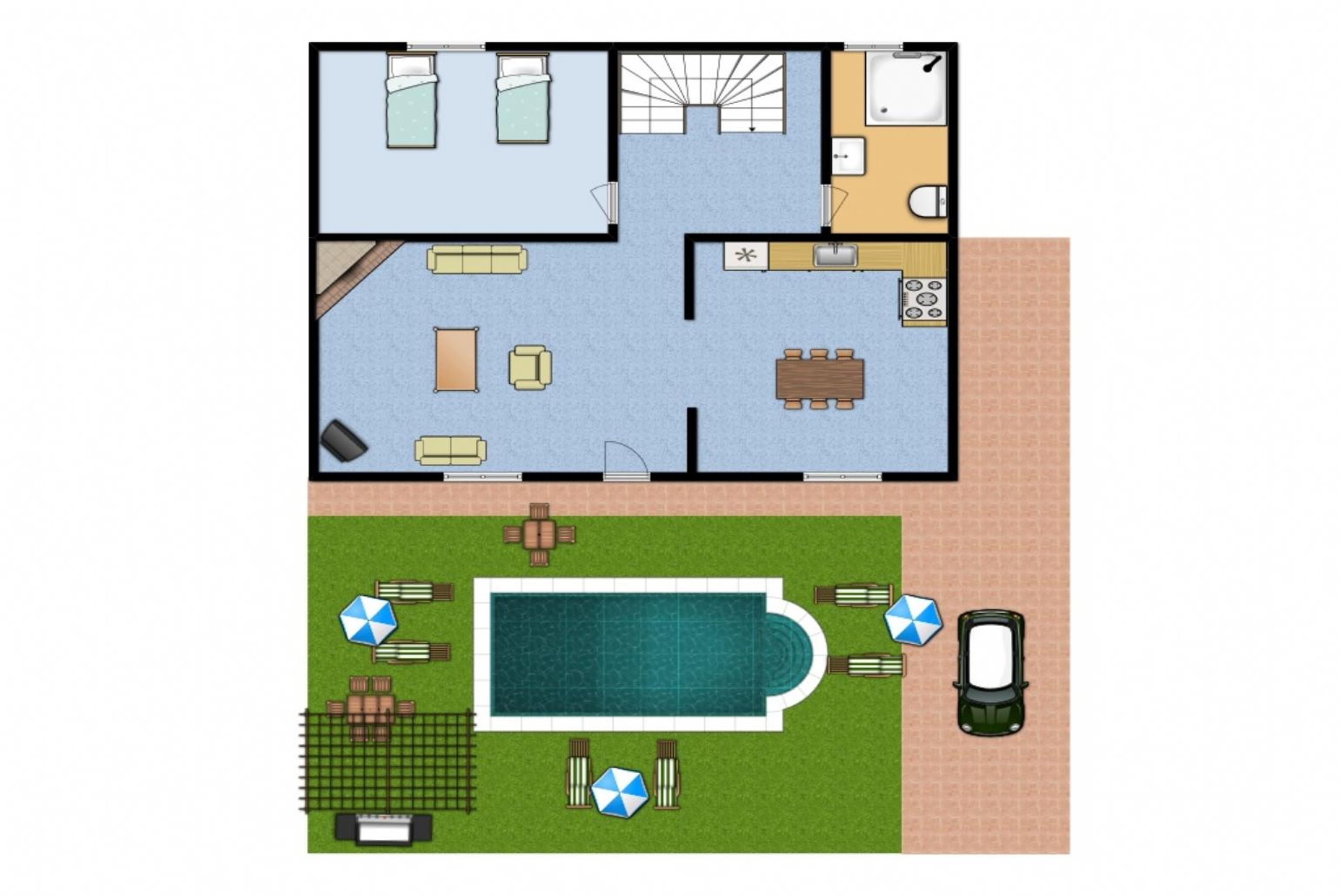 A 2-story hotel layout with a swimming pool on the ground floor, multiple bedrooms, a kitchen, and a dining area.