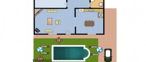 A 2-story hotel layout with a swimming pool on the ground floor, multiple bedrooms, a kitchen, and a dining area.