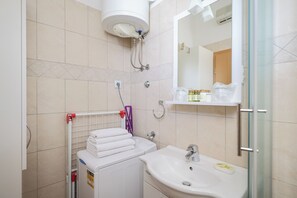 Bathroom features a sink, mirror, and glass shower enclosure, along with a washing machine and laundry facilities.