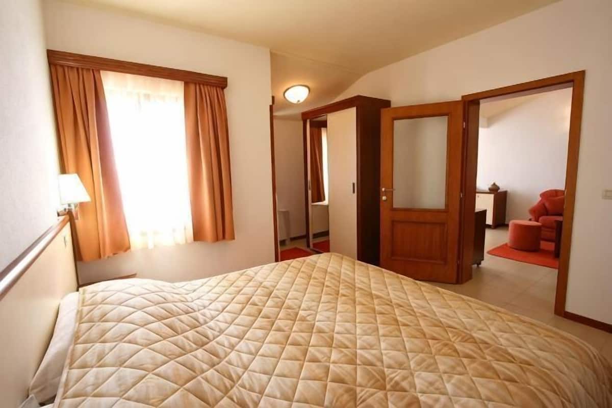 A hotel room with a bed, a mirror, a door, and a window with curtains.