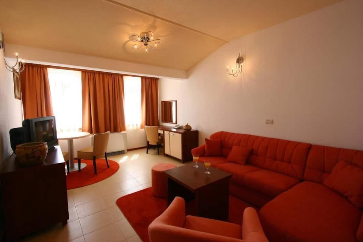 A living room with a sofa, a coffee table, a TV, and a dining area with a table and chairs.