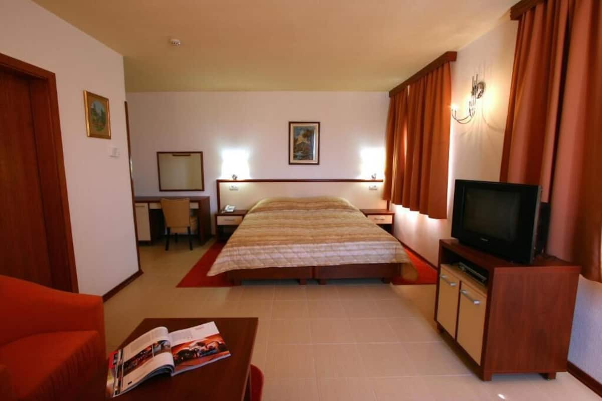 A hotel room with a bed, a TV, a desk, and a chair.