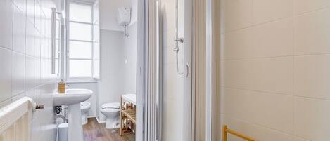 A modern bathroom with a shower, toilet, and sink.