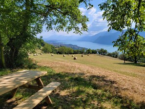 A picnic table in a grassy field with hay bales and trees, overlooking a lake and mountains.