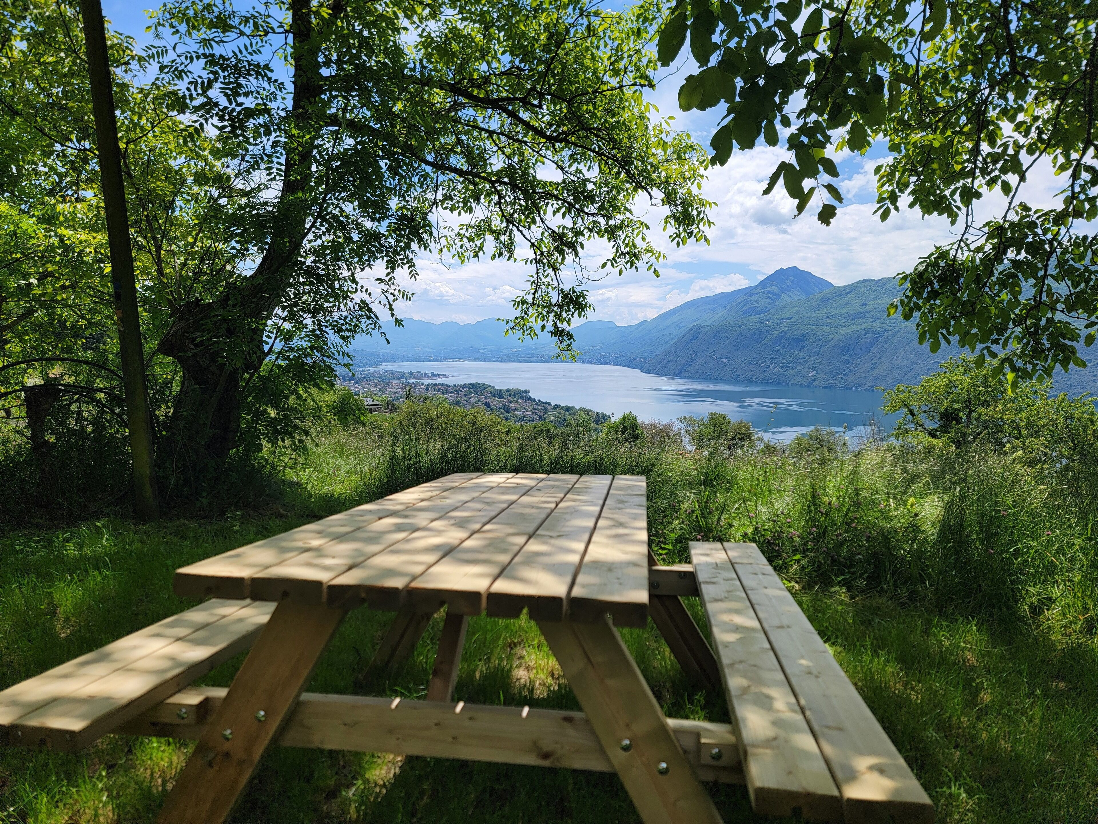 Una mesa de picnic con vistas a un lago y montañas.