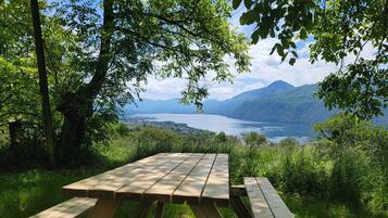 Una mesa de picnic con vistas a un lago y montañas.