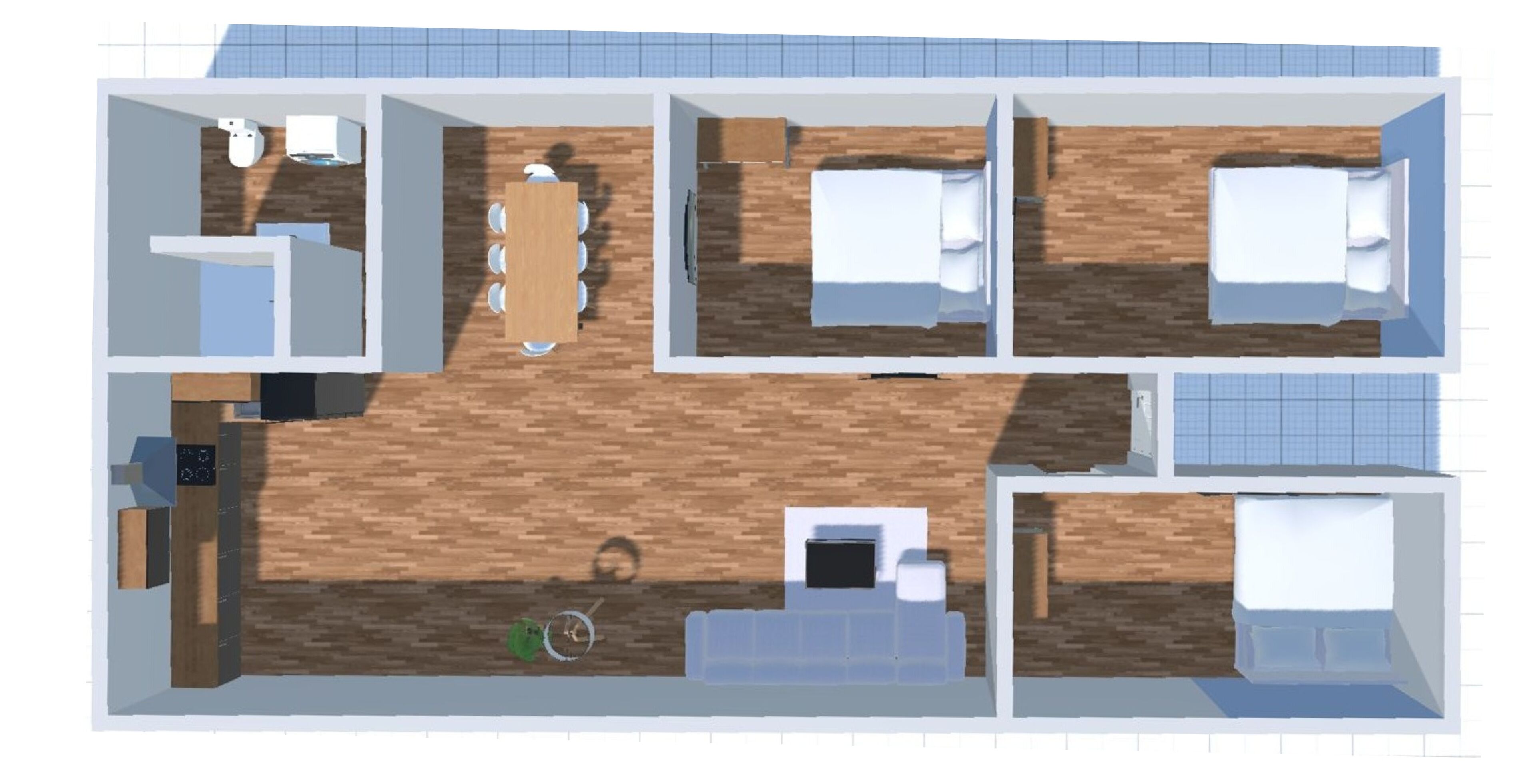 A 2-story hotel layout with 4 bedrooms, a kitchen, a dining area, and a living room.