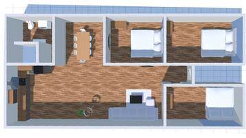 A 2-story hotel layout with 4 bedrooms, a kitchen, a dining area, and a living room.