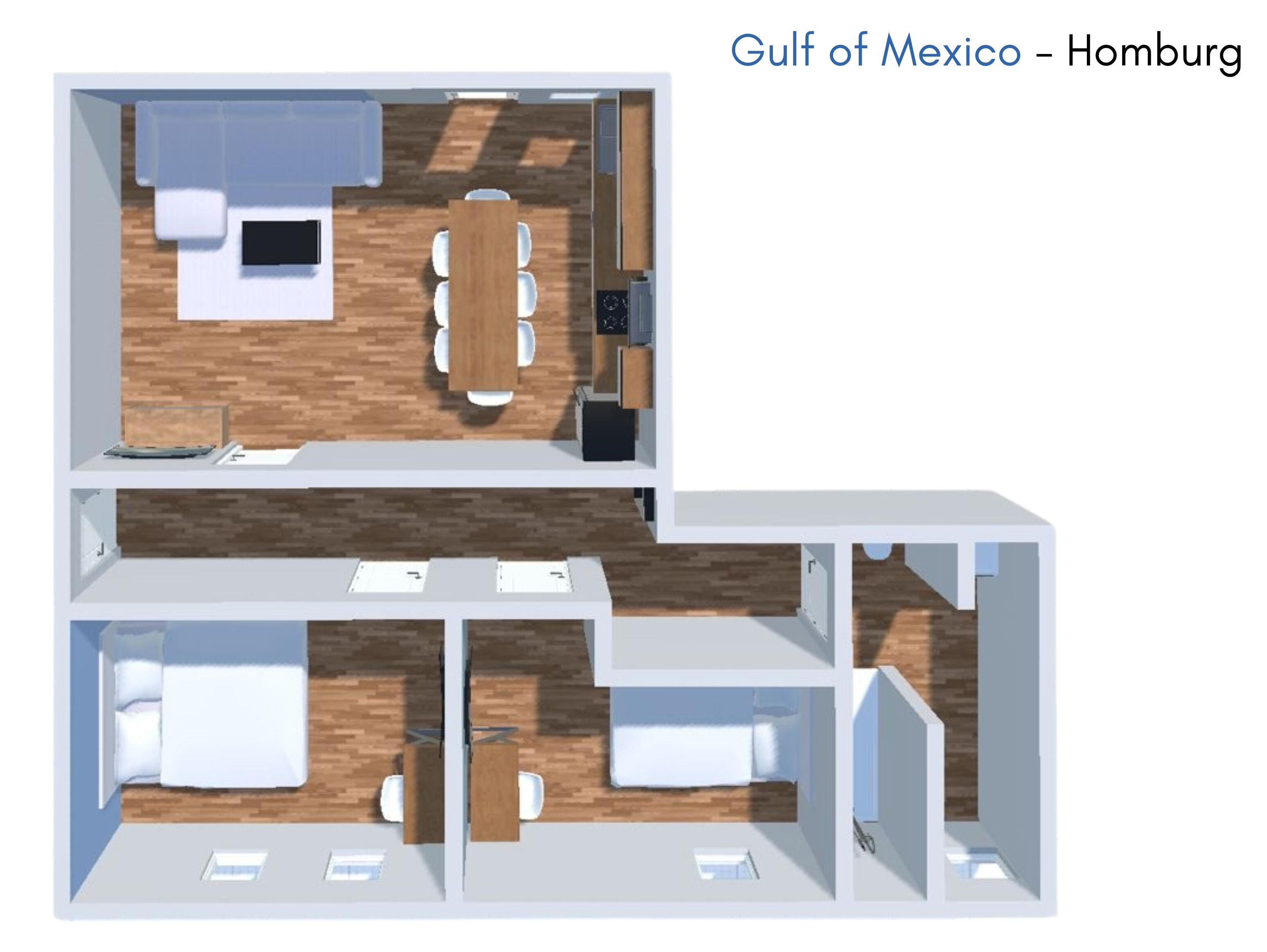 Distribución de un hotel con comedor, cocina y varias habitaciones.