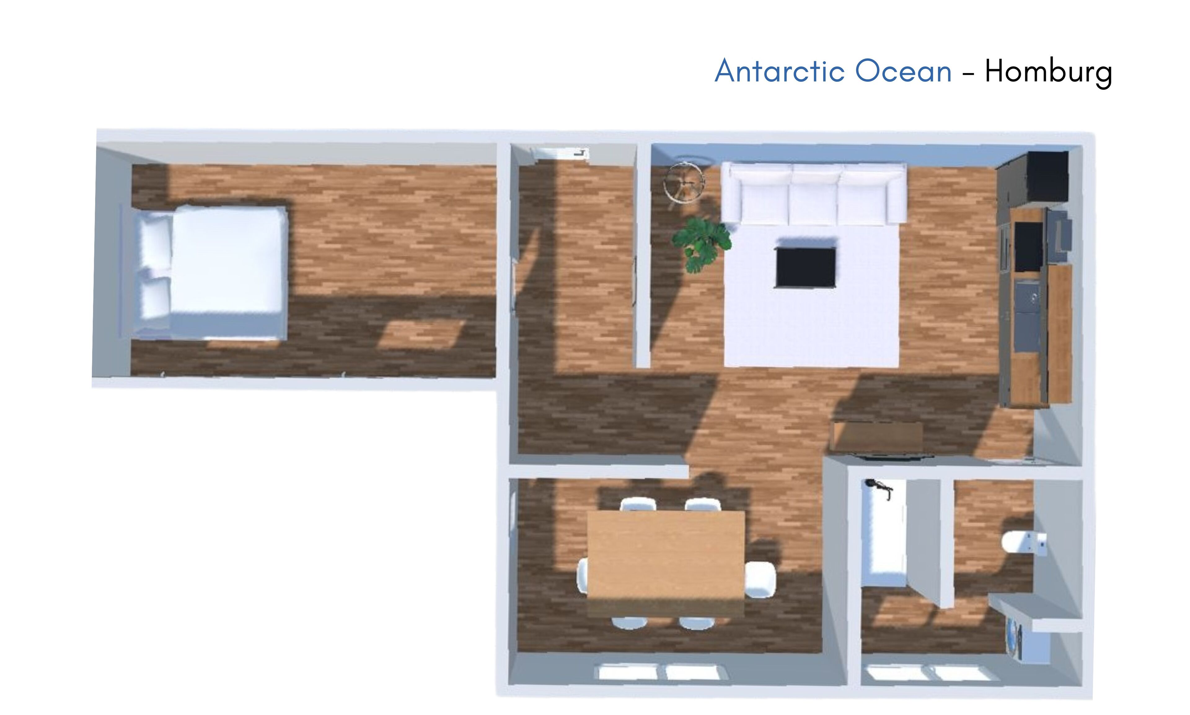 Plano de planta en 2D de una habitación de hotel con cama, una zona de estar pequeña, kitchenette y baño.