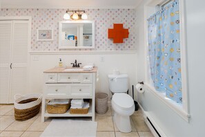 Hair dryer, towels, soap, toilet paper