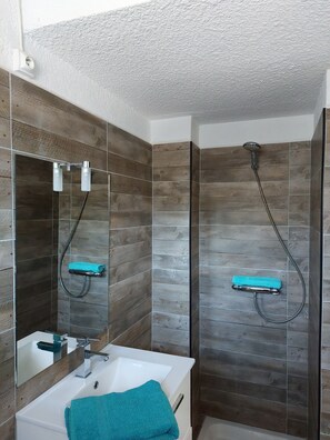 Hair dryer, towels, soap
