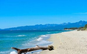 En la playa, camastros y toallas de playa