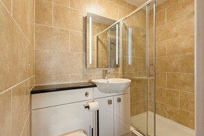 Shower, hair dryer, towels