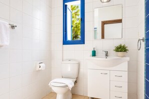 Une salle de bain avec des toilettes, un lavabo et un miroir.
