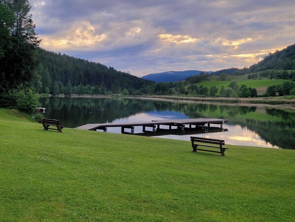 A serene lakeside setting with a wooden dock and benches.