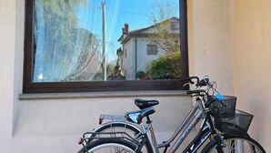 Ein Fahrrad steht vor einem Gebäude, dessen Fenster ein Haus und Bäume reflektiert.