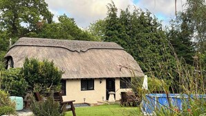A thatched-roof house with a small porch, surrounded by greenery and a blue fence.