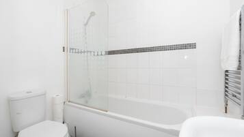 Hair dryer, towels, soap, toilet paper