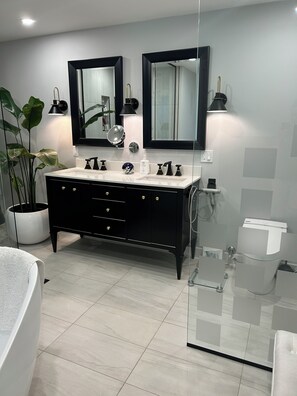 Shower, jetted bath, hair dryer, bidet