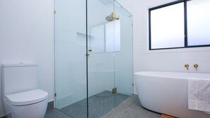 Shower, hair dryer, towels